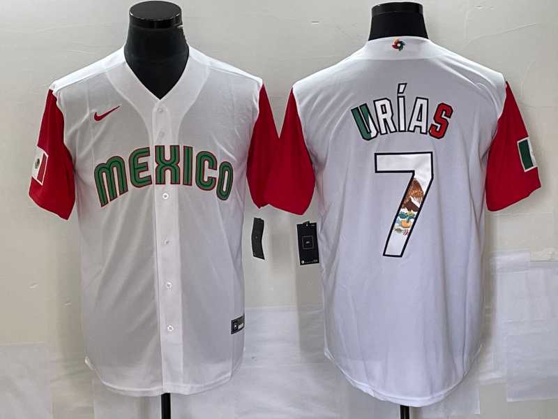 Mens Mexico Baseball #7 Julio Urias Number 2023 White Red World Classic Stitched Jersey 14